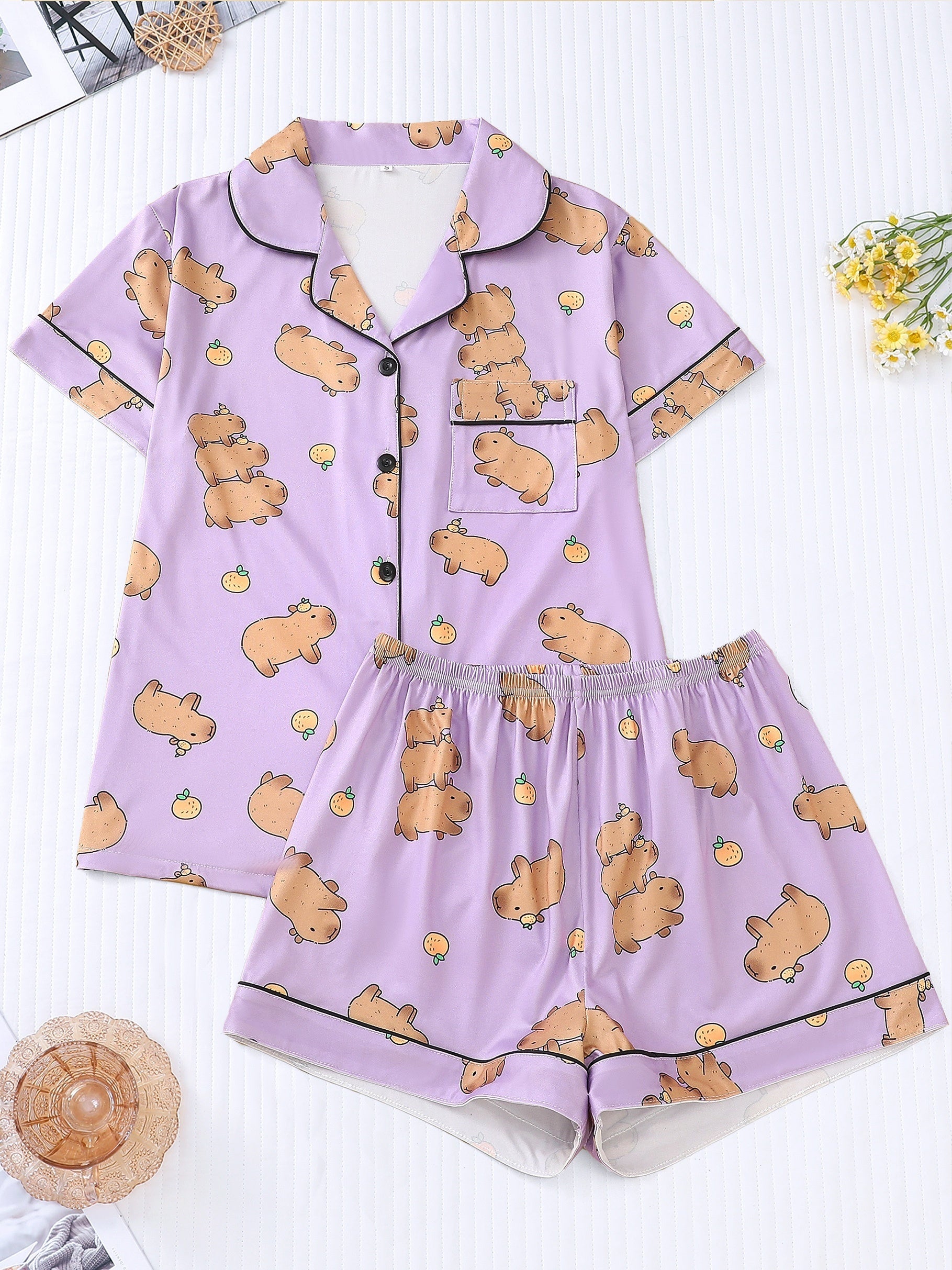 Capybara print satin-look pajama set with piped trim, short sleeve button top and elastic waist shorts in silky stretch fabric — 95% Polyester/5% Elastane