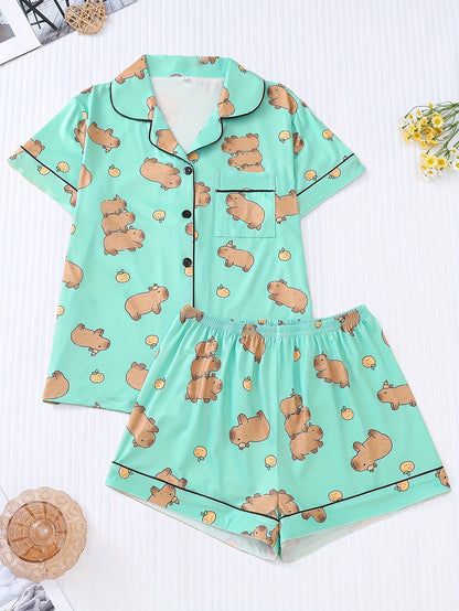 Capybara print satin-look pajama set with piped trim, short sleeve button top and elastic waist shorts in silky stretch fabric — 95% Polyester/5% Elastane