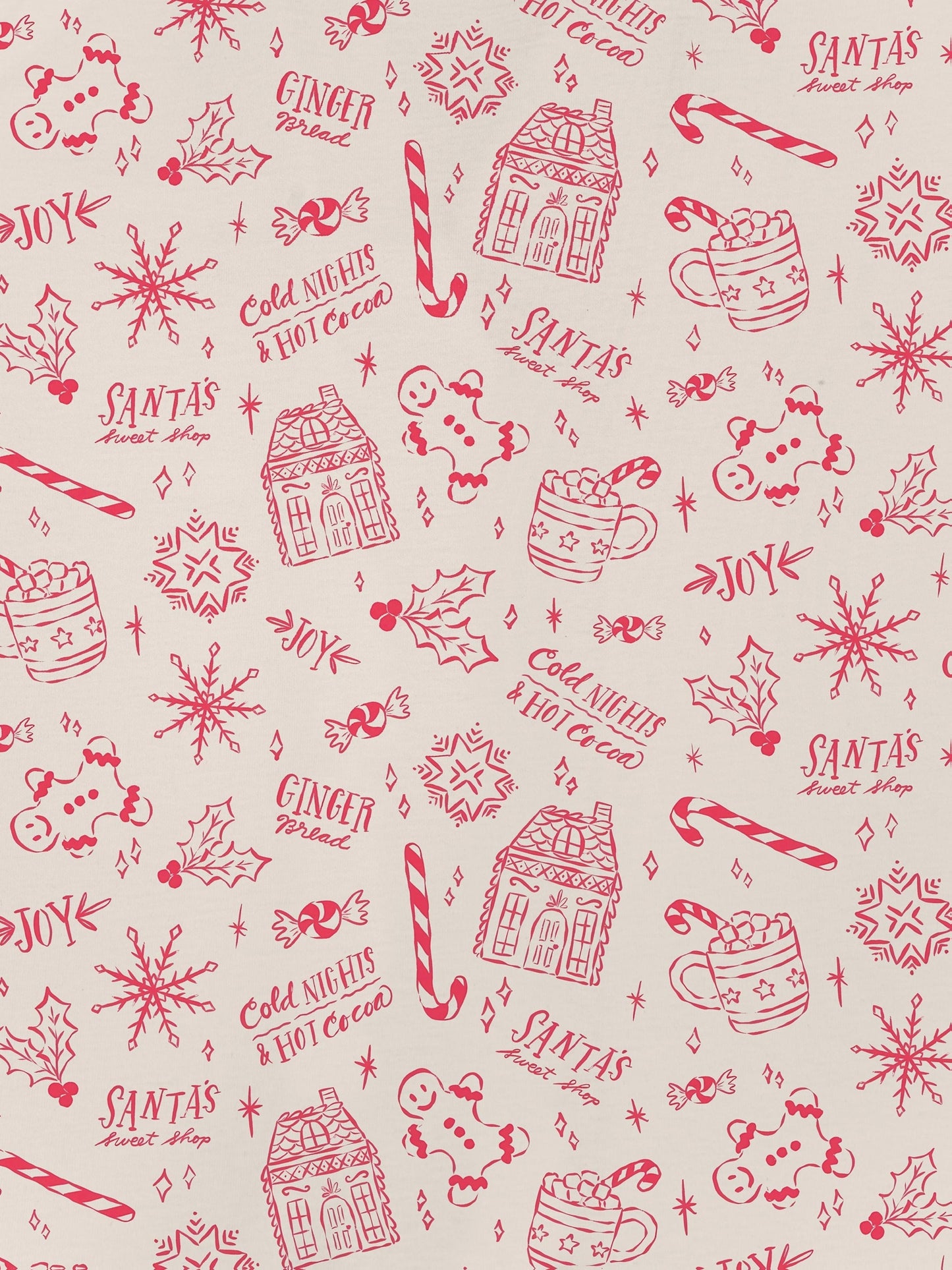 Cream short-sleeve women’s pajama set with red holiday sketch print of gingerbread houses, candy canes and cocoa mugs — short top and elastic waist shorts in 95% polyester 5% elastane