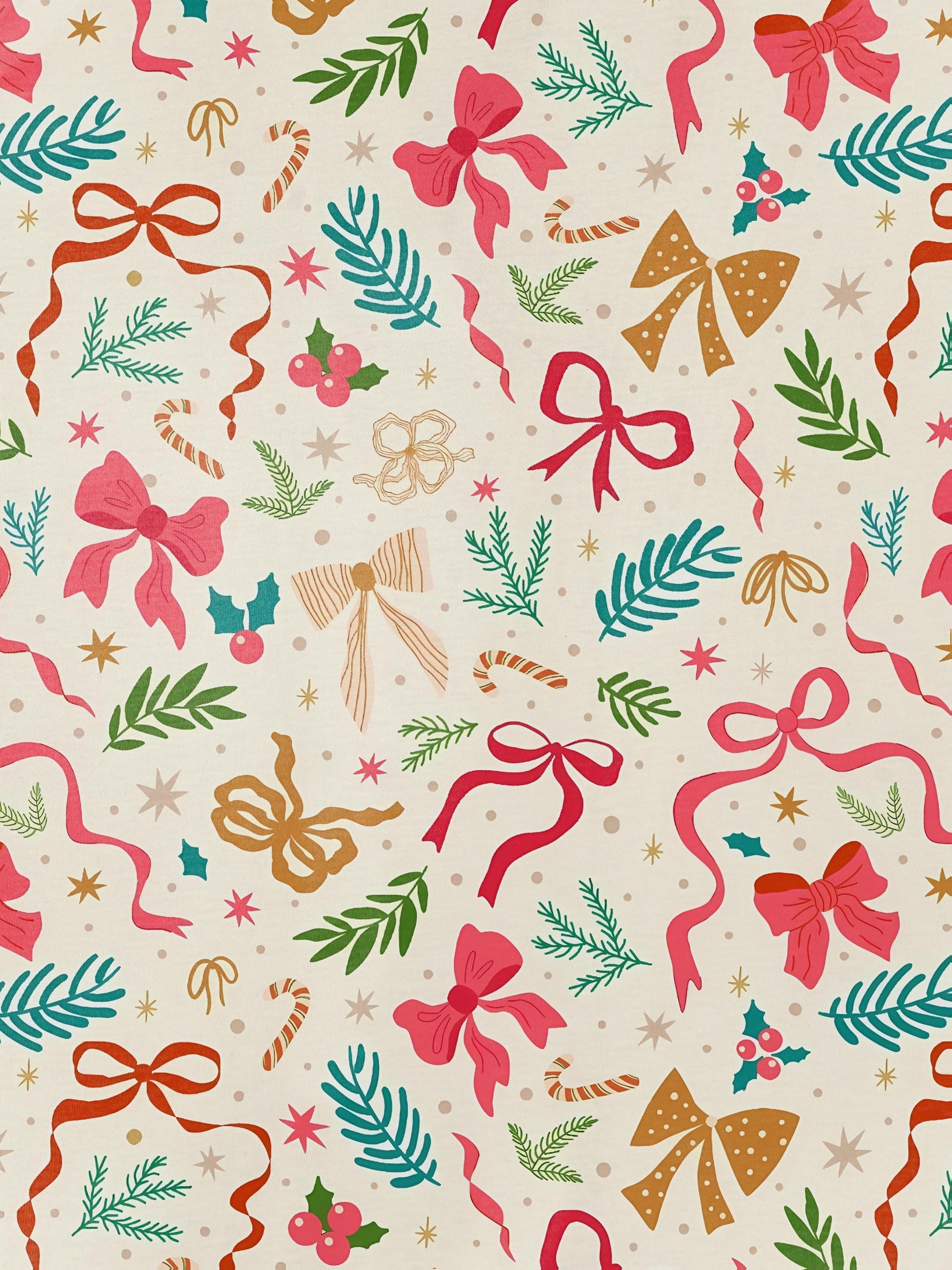 Cream cotton short-sleeve pajama set with pink and gold ribbon and greenery print — button-up top and elastic waist shorts with contrast piping