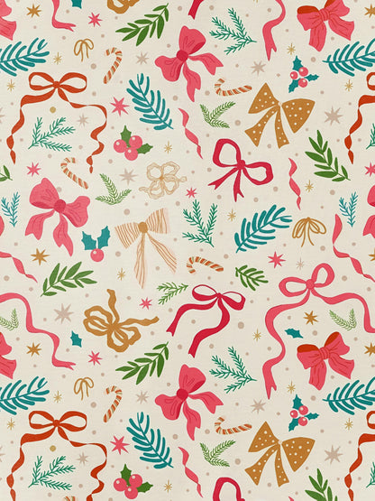 Cream cotton short-sleeve pajama set with pink and gold ribbon and greenery print — button-up top and elastic waist shorts with contrast piping