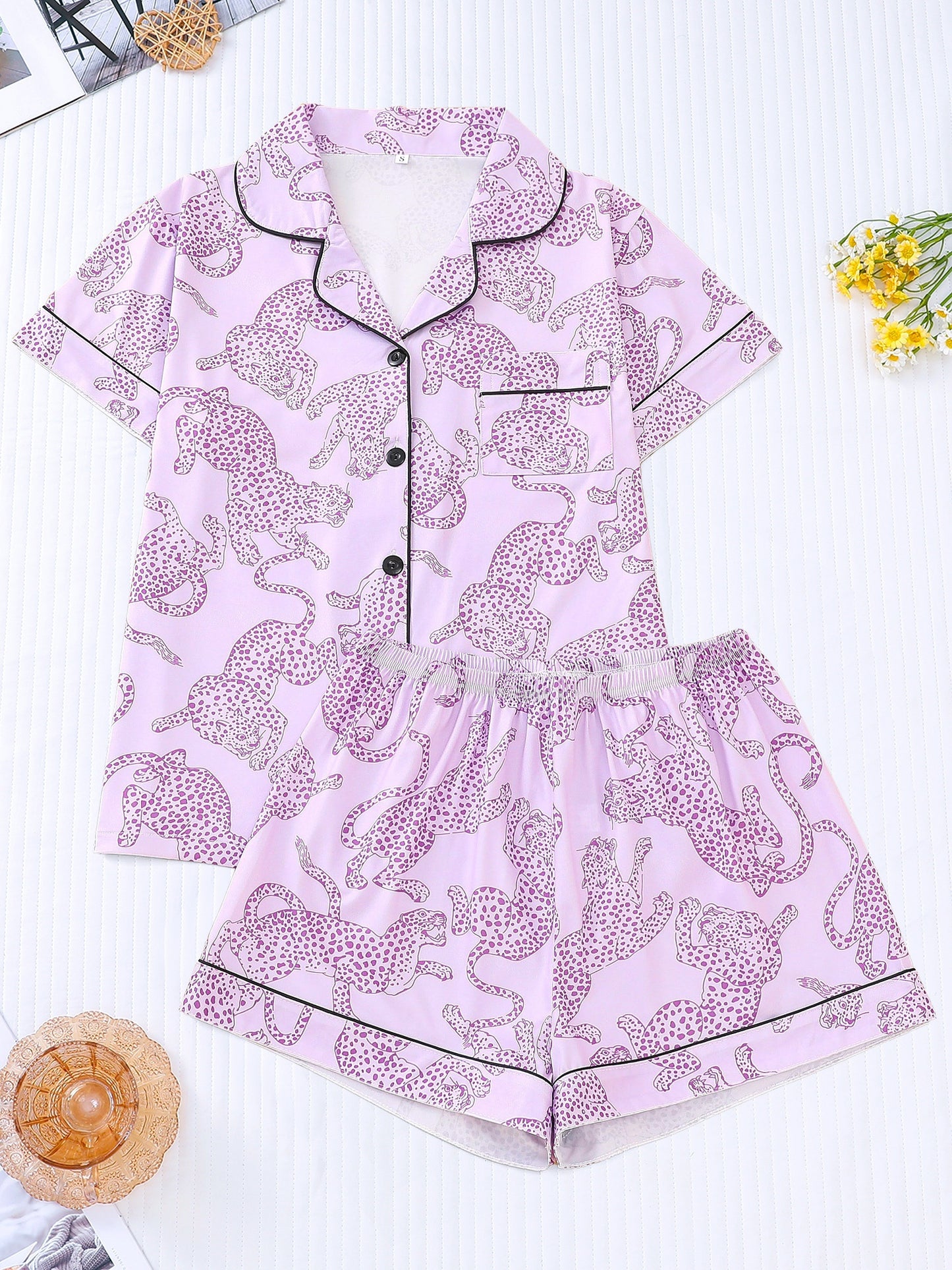 Women's Leopard Print Casual Pajama Set, Short Sleeve Buttons Lapel Top & Shorts, Comfortable Relaxed Fit, Summer Nightwear