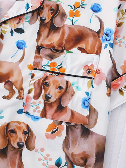 White satin-look pajama set with dachshund and floral print, piped trim, short sleeve button top and elastic waist shorts in silky stretch fabric — 95% Polyester/5% Elastane