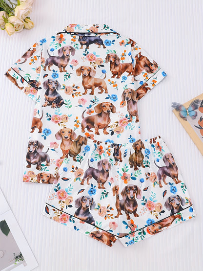 White satin-look pajama set with dachshund and floral print, piped trim, short sleeve button top and elastic waist shorts in silky stretch fabric — 95% Polyester/5% Elastane