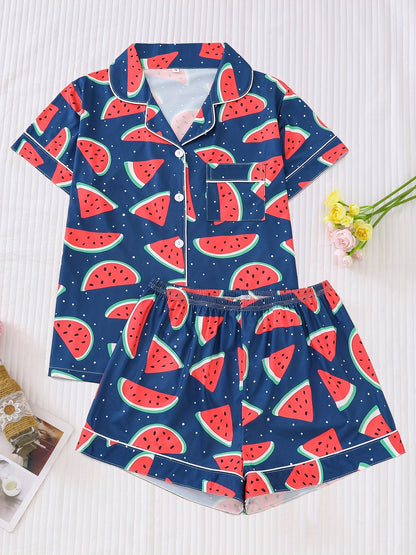 Watermelon Print Pajama Set, Cute Short Sleeve Button Up Lapel Collar Top & Shorts, Women's Sleepwear