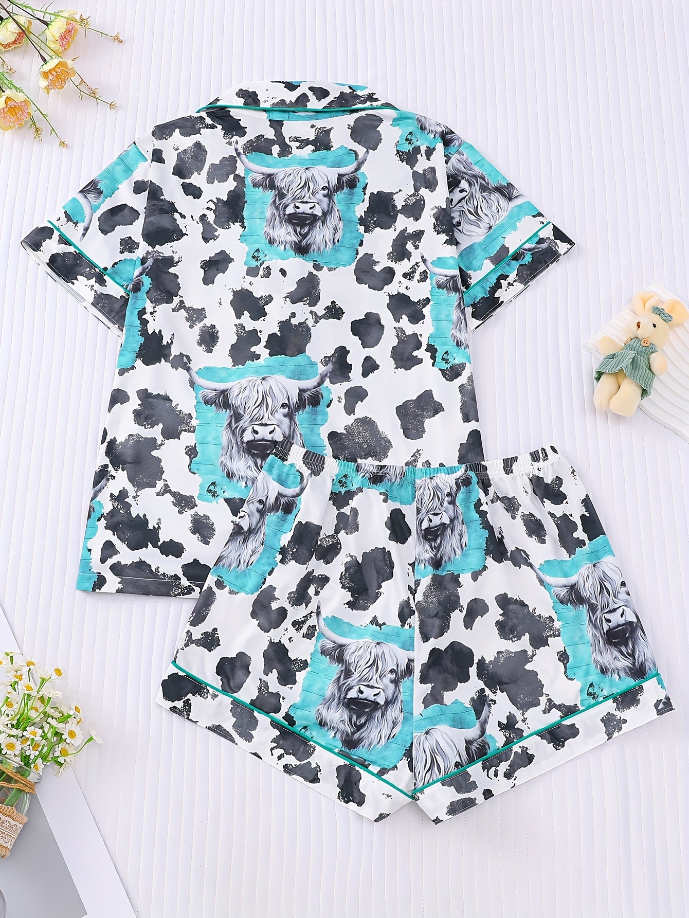 2pcs Women's Pajama Set - Animal Cow Ink Style, Short-Sleeved, Comfortable, Loose Elastic Shorts for Leisure & Home