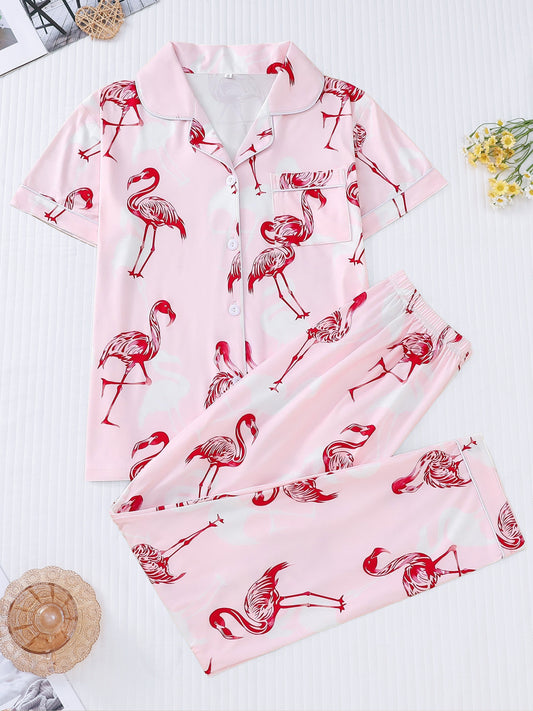 Vibrant Flamingo Print Short Sleeve Pajama Set - Soft Micro Elastic Polyester Fabric, Elegant Lapel Collar Top, Cozy Elastic Pants, Machine Washable, All-Season Sleepwear & Loungewear for Women
