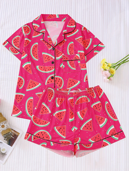 Watermelon Print Pajama Set, Cute Short Sleeve Button Up Lapel Collar Top & Shorts, Women's Sleepwear