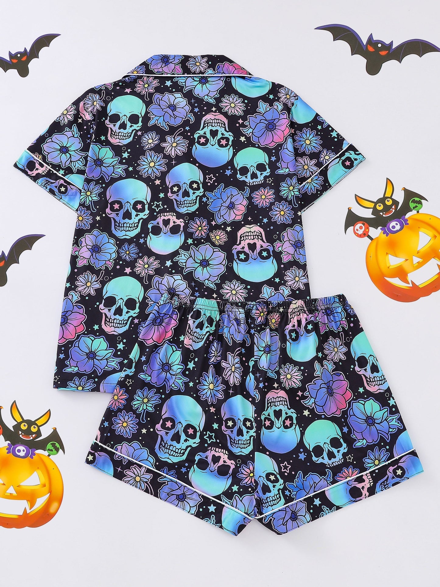 [Halloween Skull Pajama] Comfortable Halloween Skull Print Women's Pajama Set - Short-Sleeved Collar Button Shirt and Loose Elastic Shorts - Casual Outdoor Home Warm Women's Pajamas and Loungewear