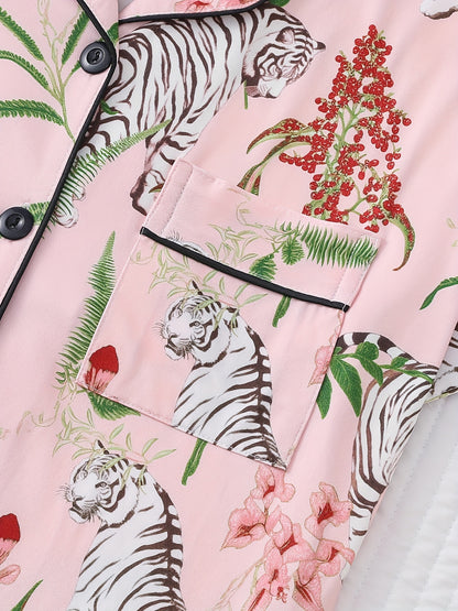 Short Sleeve Womens Tiger & Plant Print Casual Pajama Set - Soft Micro Elasticity Polyester Fabric, Relaxed Fit, Lapel Collar, Button-Down Top, Short Length Pants, Machine Washable - All-Season Comfortable Sleepwear for Adults