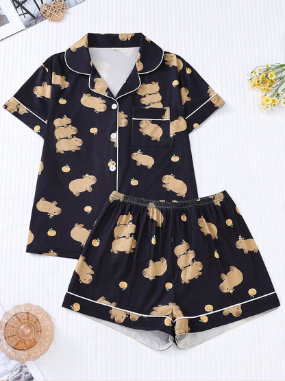 Short Sleeve Women's Cute Capybara Print Pajama Set, Elastic Shorts & Buttons Lapel Top Sleepwear