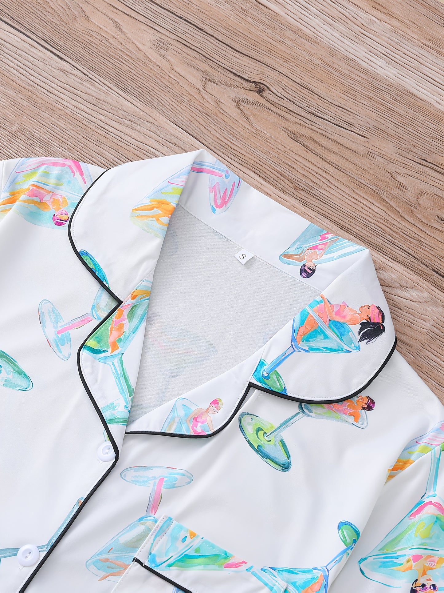 Comfortable 2pcs Women'S Pajama Set - Casual Printed Short Sleeve Shirt with Lapel Collar and Button Placket - Polyester 95% Elastane 5% Knit Fabric Shorts for All-Season Loungewear