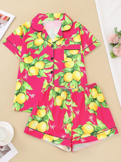 Womens Casual Lemon Print Short Sleeve Pajama Set - Soft, Breathable, Relaxed Fit, Button Up Lapel Collar Top & Shorts, Comfortable Sleepwear for Women, Perfect for Lounging and Sleeping