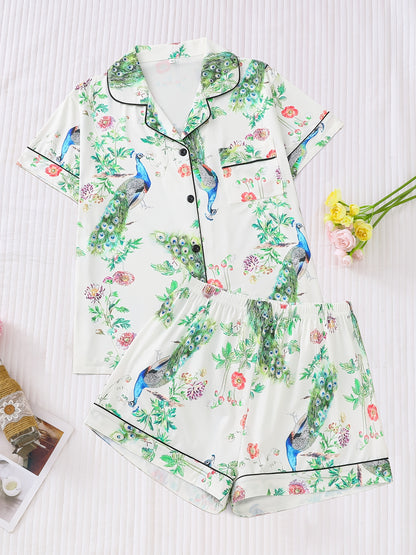 Elegant Peacock & Floral Print Women's Pajama Set - Short Sleeve Button-Up Shirt with Lapel Collar & Comfy Elastic Waist Shorts, Lightweight Polyester Blend Sleepwear and Loungewear, Machine Washable