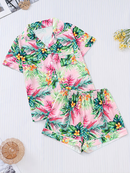 Short Sleeve Tropical Print Women's Casual Pajama Set, Button Up Lapel Collar Top & Elastic Shorts Sleepwear