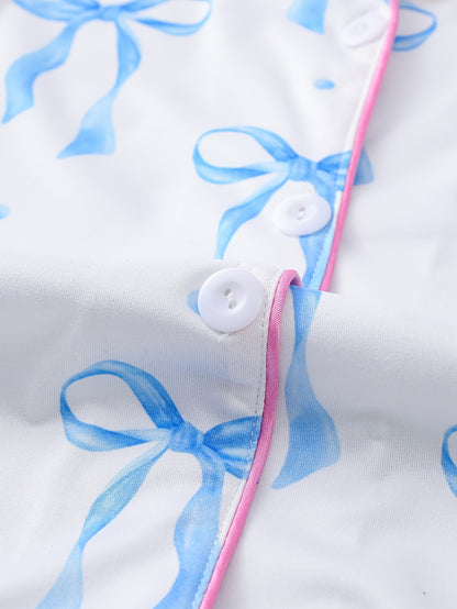 2pcs Women'S Pajama Set, Short Sleeve Shirt with Lapel Collar and Button Placket, Elastic Shorts, Polyester Knit Fabric with Elastane, Printed Bowknot Pattern, Comfortable Loungewear for All Seasons