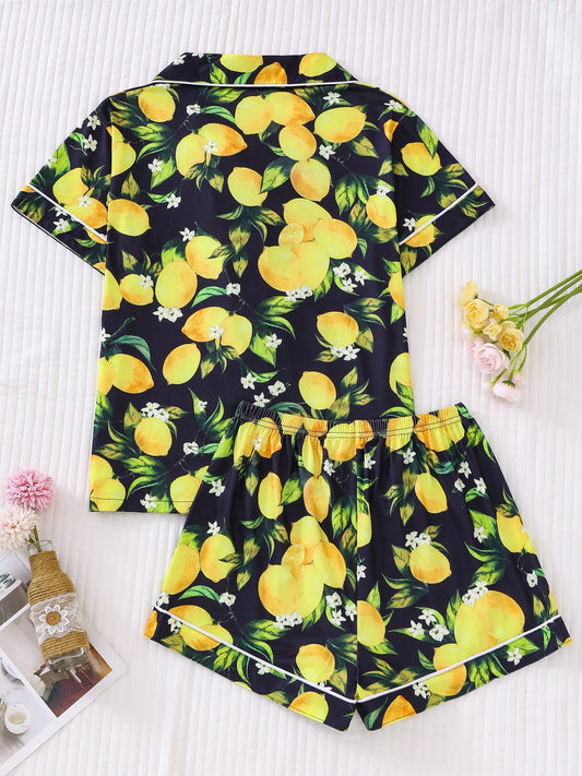 Comfy Pajama Comfy Women's Pajama Set - Adorable Lemon & Leaf Print Short Sleeve Button-Up Shirt with Lapel Collar & Elastic Waist Shorts | Easy Care Polyester Blend Sleepwear, Home Relaxation Attire, Cute Pajama Set, Soft Texture Material
