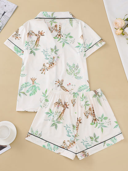 Comfortable Relaxed Fit Women's Short Sleeve Giraffe & Leaf Print Casual Pajama Set with Buttons Lapel Top & Shorts