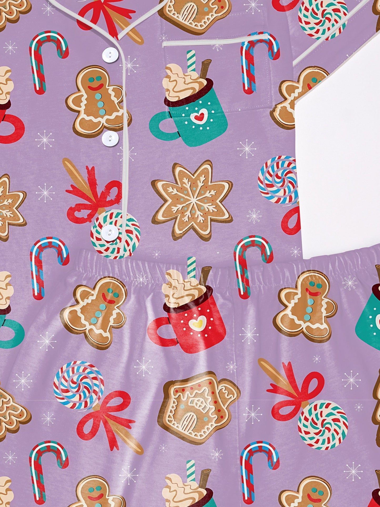 Black‑lavender modal pajama set with gingerbread, candy cane and cocoa mug print — short‑sleeve button top and elastic waist shorts with pale piping