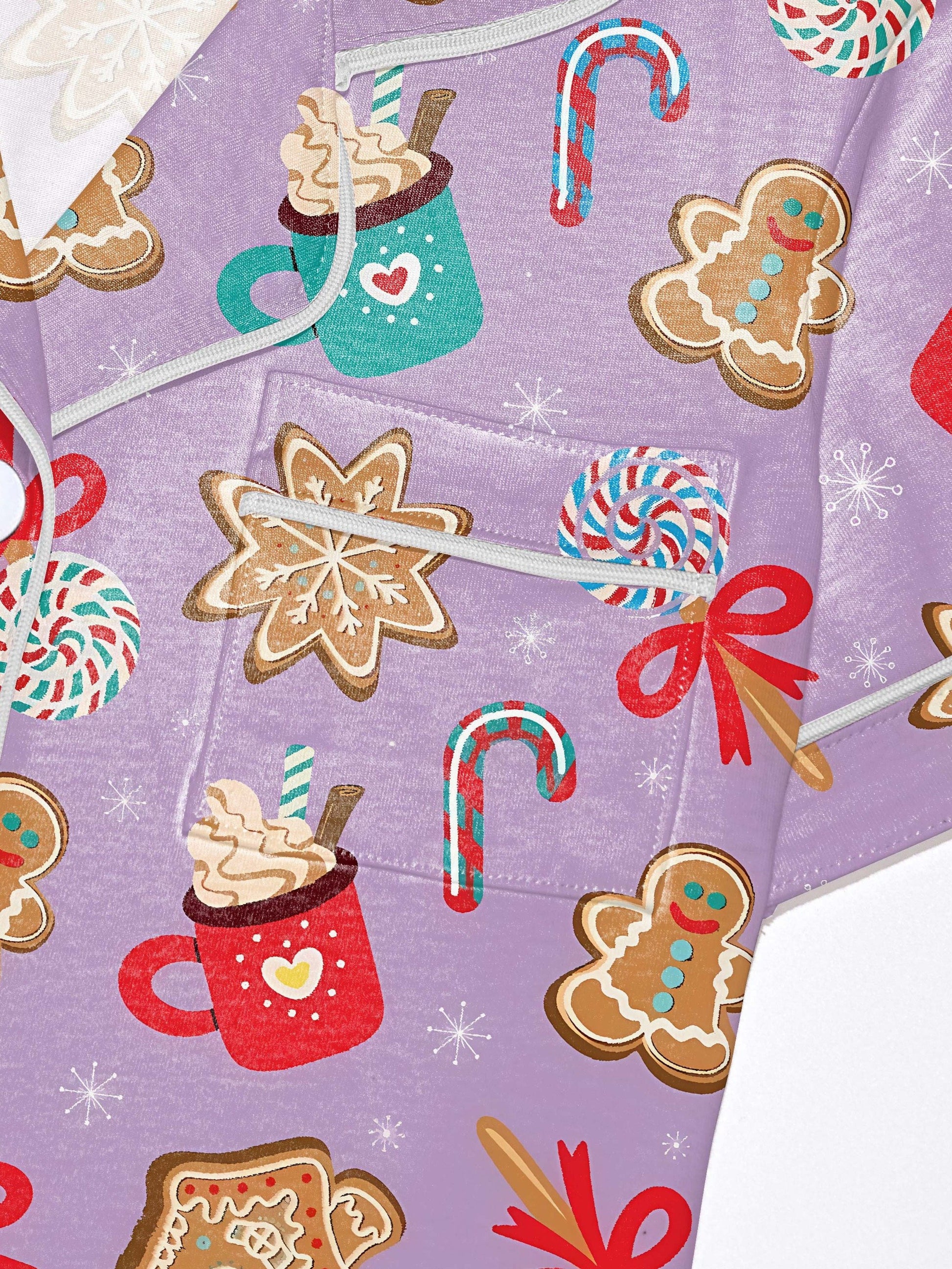 Black‑lavender modal pajama set with gingerbread, candy cane and cocoa mug print — short‑sleeve button top and elastic waist shorts with pale piping