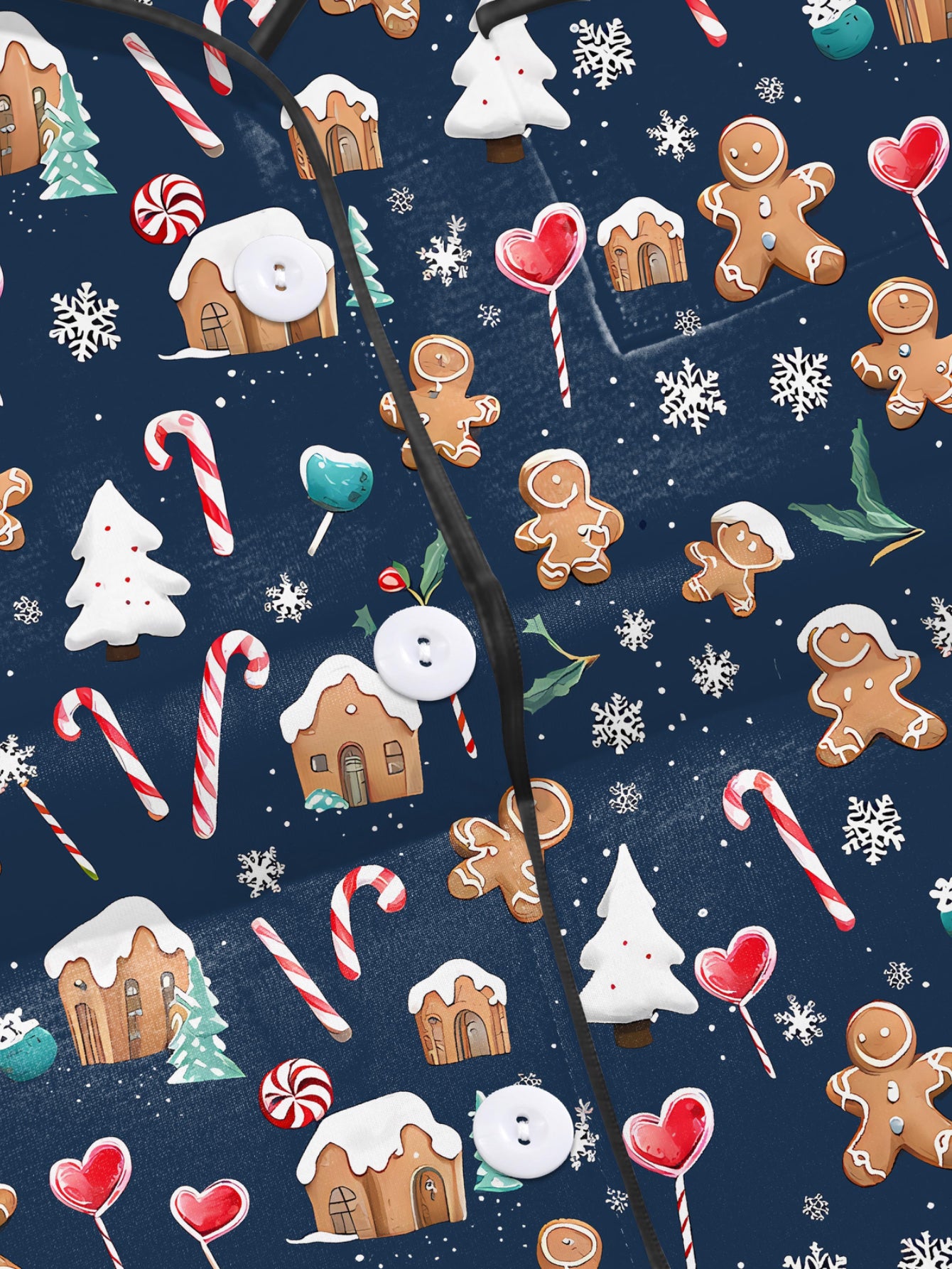 Navy modal pajama set with gingerbread men, candy canes and cottages print — short‑sleeve button top and elastic waist shorts with piping