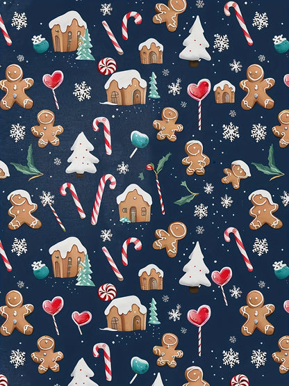 Navy modal pajama set with gingerbread men, candy canes and cottages print — short‑sleeve button top and elastic waist shorts with piping