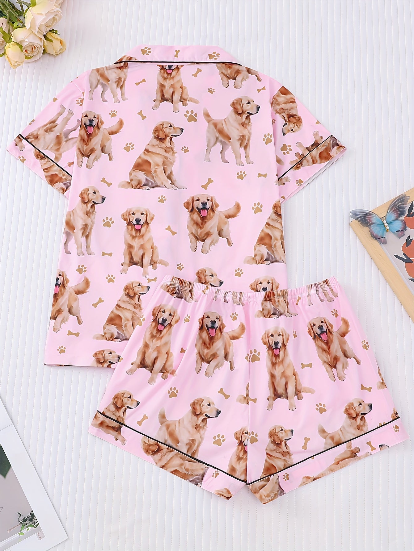 Blush satin-look pajama set with golden retriever print — short-sleeve button-up top with chest pocket and elastic waist shorts, 95% Polyester/5% Elastane