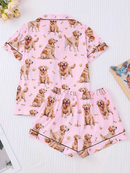 Blush satin-look pajama set with golden retriever print — short-sleeve button-up top with chest pocket and elastic waist shorts, 95% Polyester/5% Elastane