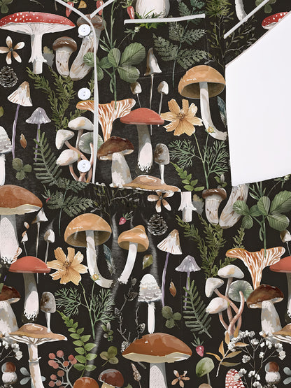 Dark charcoal mushroom watercolor print modal pajama set — short‑sleeve button top and elastic waist shorts with piping