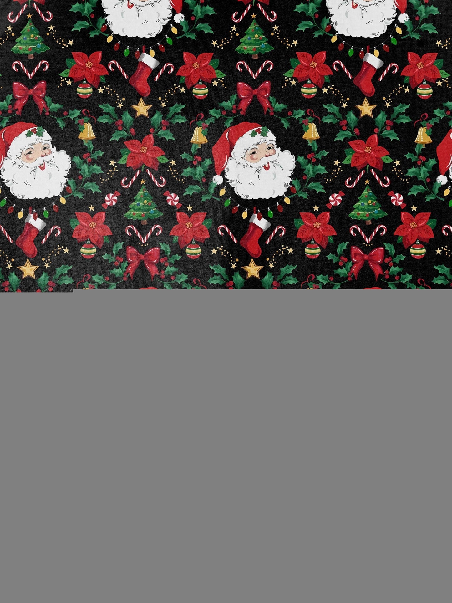 Woman wearing black short-sleeve pajama set with Santa, poinsettia and candy cane print — button-up top and elastic waist shorts with red piping