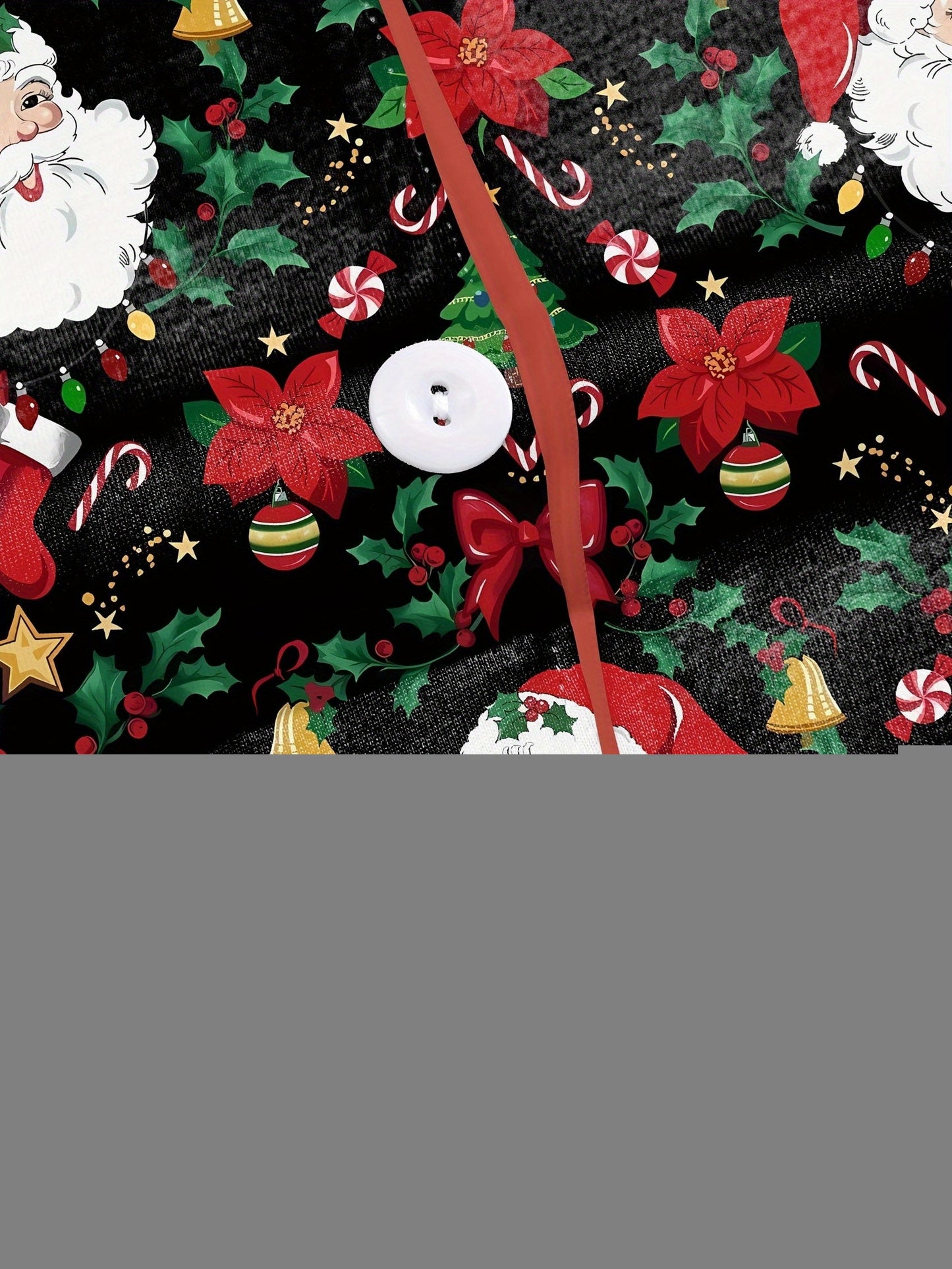 Woman wearing black short-sleeve pajama set with Santa, poinsettia and candy cane print — button-up top and elastic waist shorts with red piping