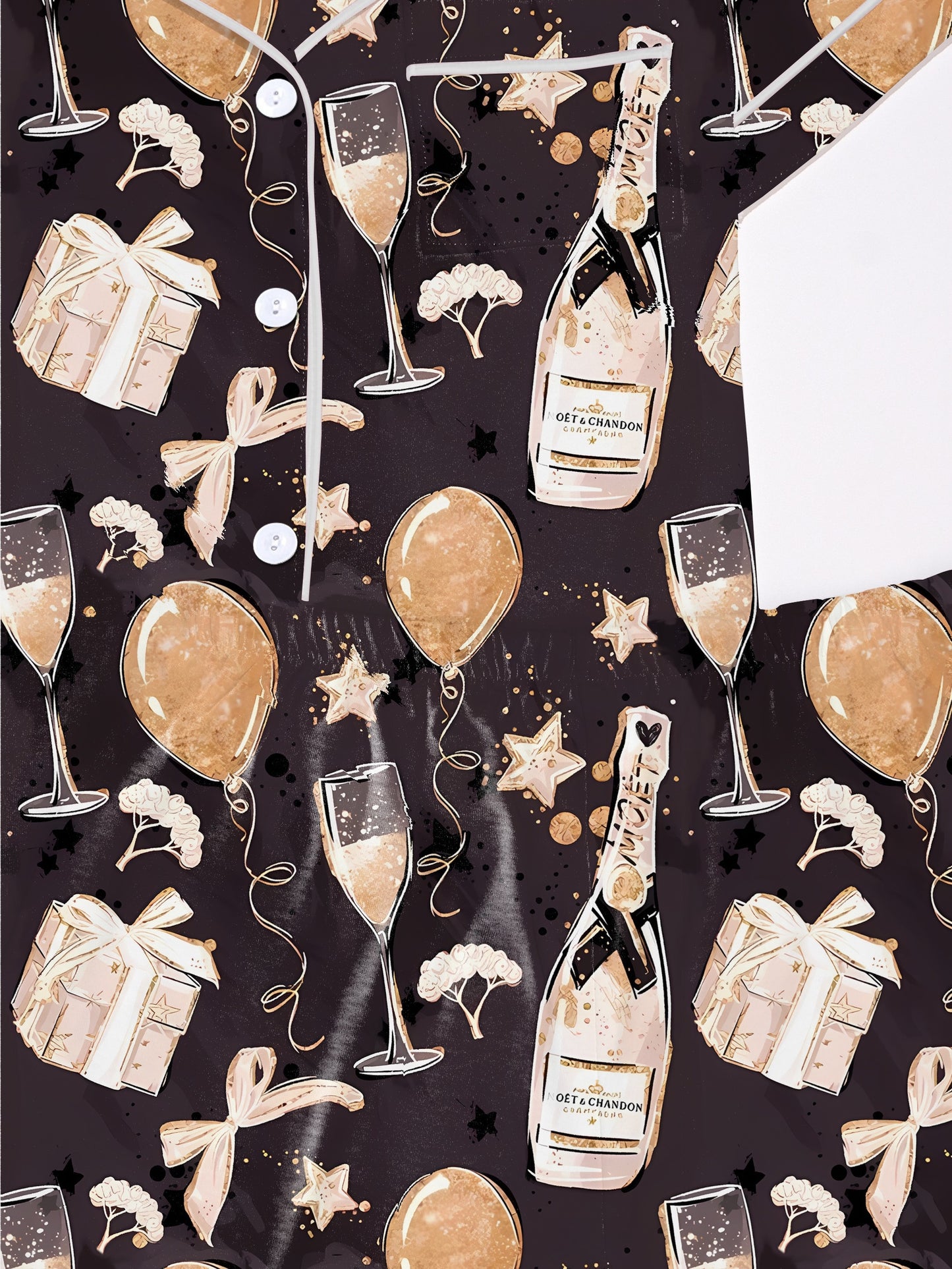 Dark modal pajama set with champagne flutes, balloons and gift box motifs — short‑sleeve button top and elastic waist shorts with contrast piping