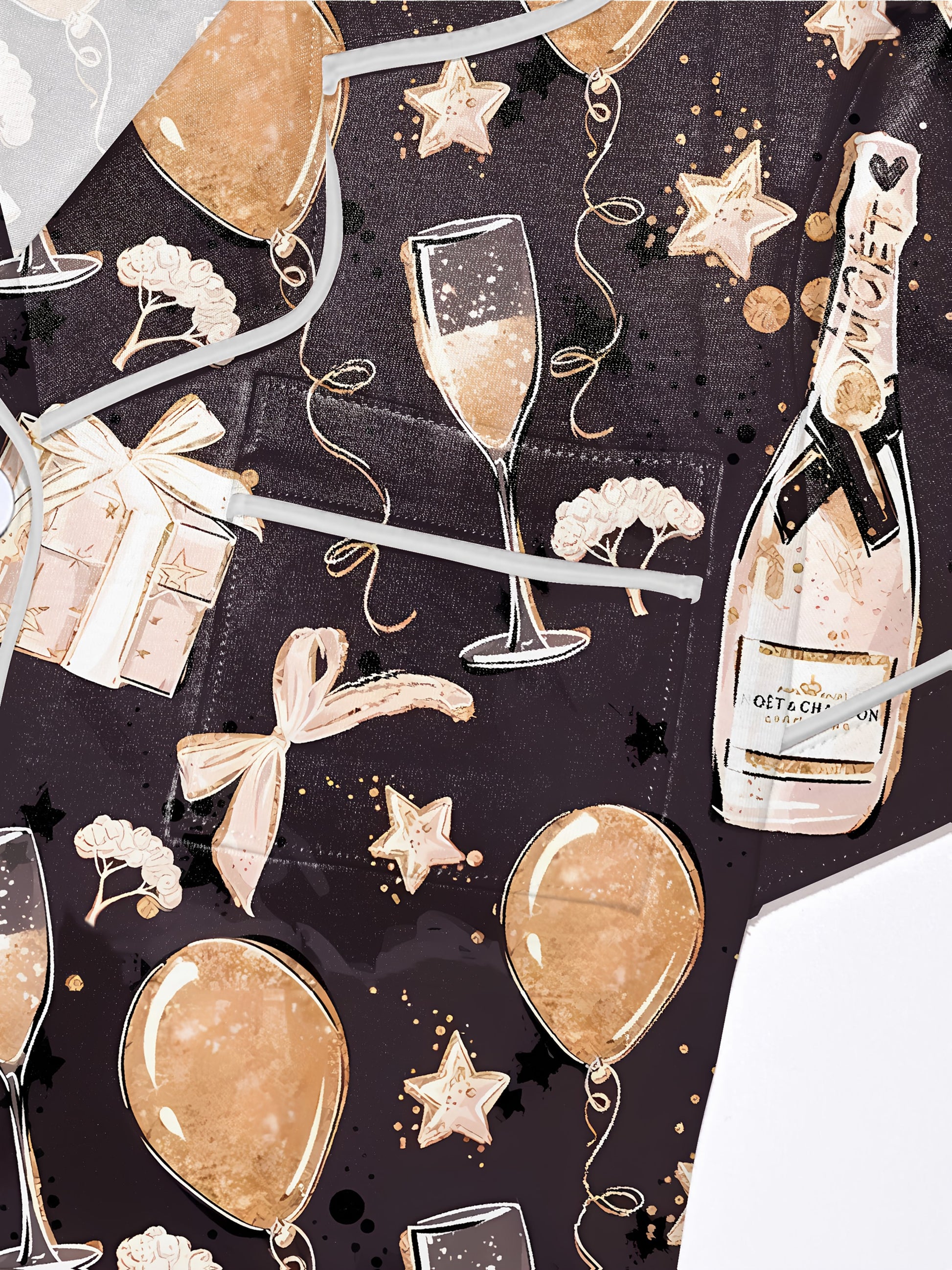 Dark modal pajama set with champagne flutes, balloons and gift box motifs — short‑sleeve button top and elastic waist shorts with contrast piping