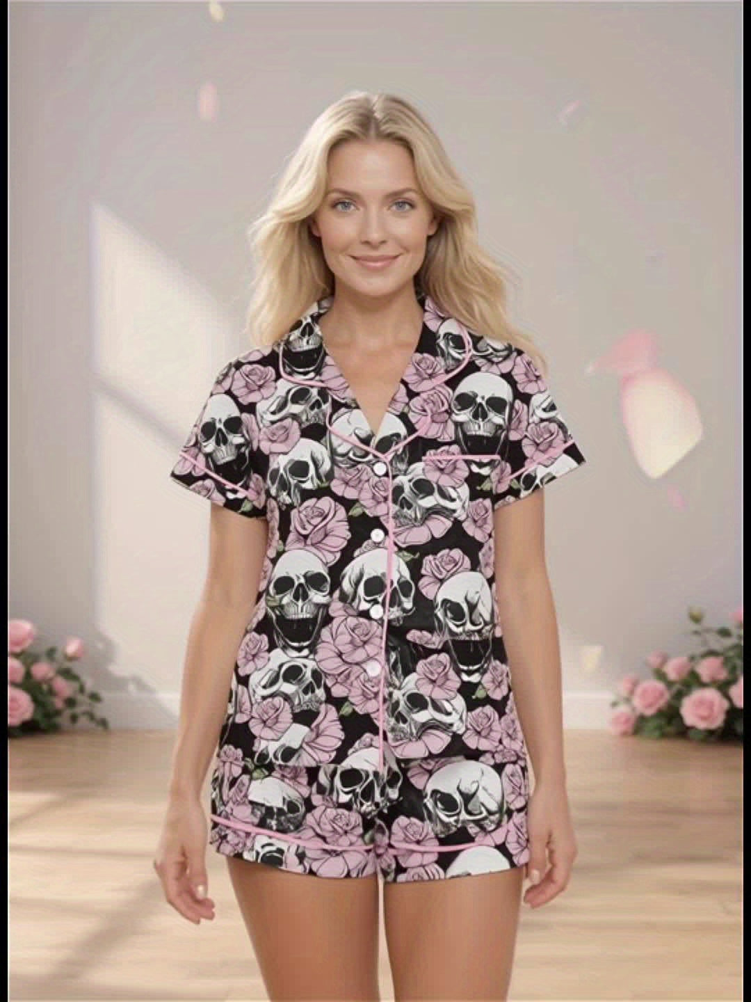 Black modal pajama set with white skulls and pink roses — short‑sleeve button top and elastic waist shorts with pale contrast piping