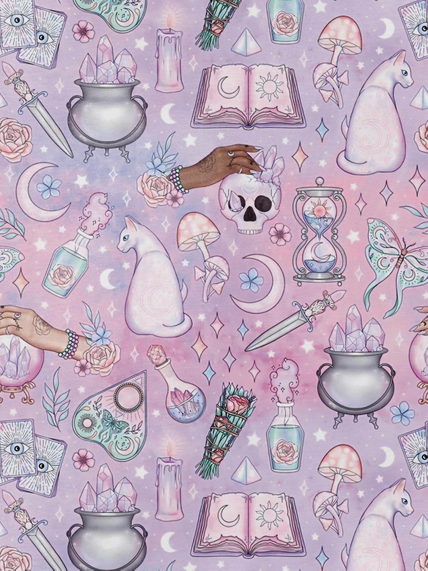 Lavender short-sleeve women’s pajama set with tarot, crystals, crescent moons and cat motifs — button-up top and elastic waist shorts in 95% polyester 5% elastane