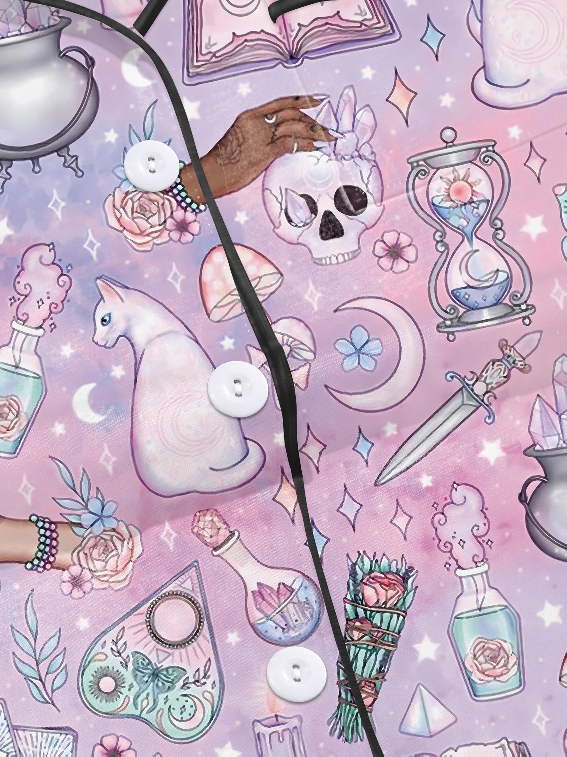 Lavender short-sleeve women’s pajama set with tarot, crystals, crescent moons and cat motifs — button-up top and elastic waist shorts in 95% polyester 5% elastane