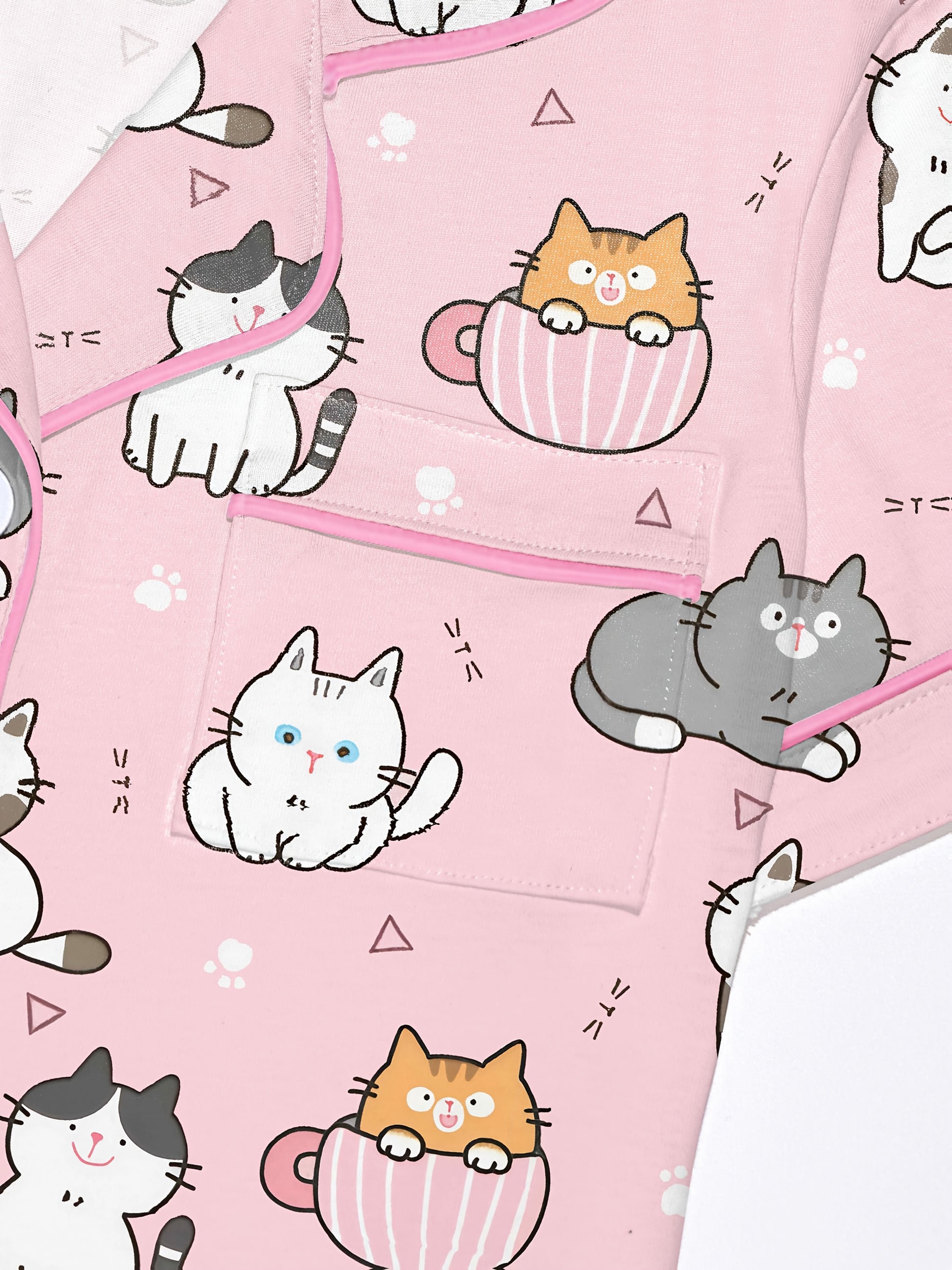 Blush modal short‑sleeve pajama set with playful cat doodle print — button top with notch collar and elastic waist shorts with pink piping