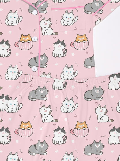 Blush modal short‑sleeve pajama set with playful cat doodle print — button top with notch collar and elastic waist shorts with pink piping