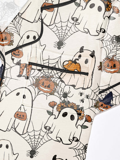Light blush modal short‑sleeve pajama set with playful ghost, pumpkin and spiderweb print — button top and elastic waist shorts with black piping