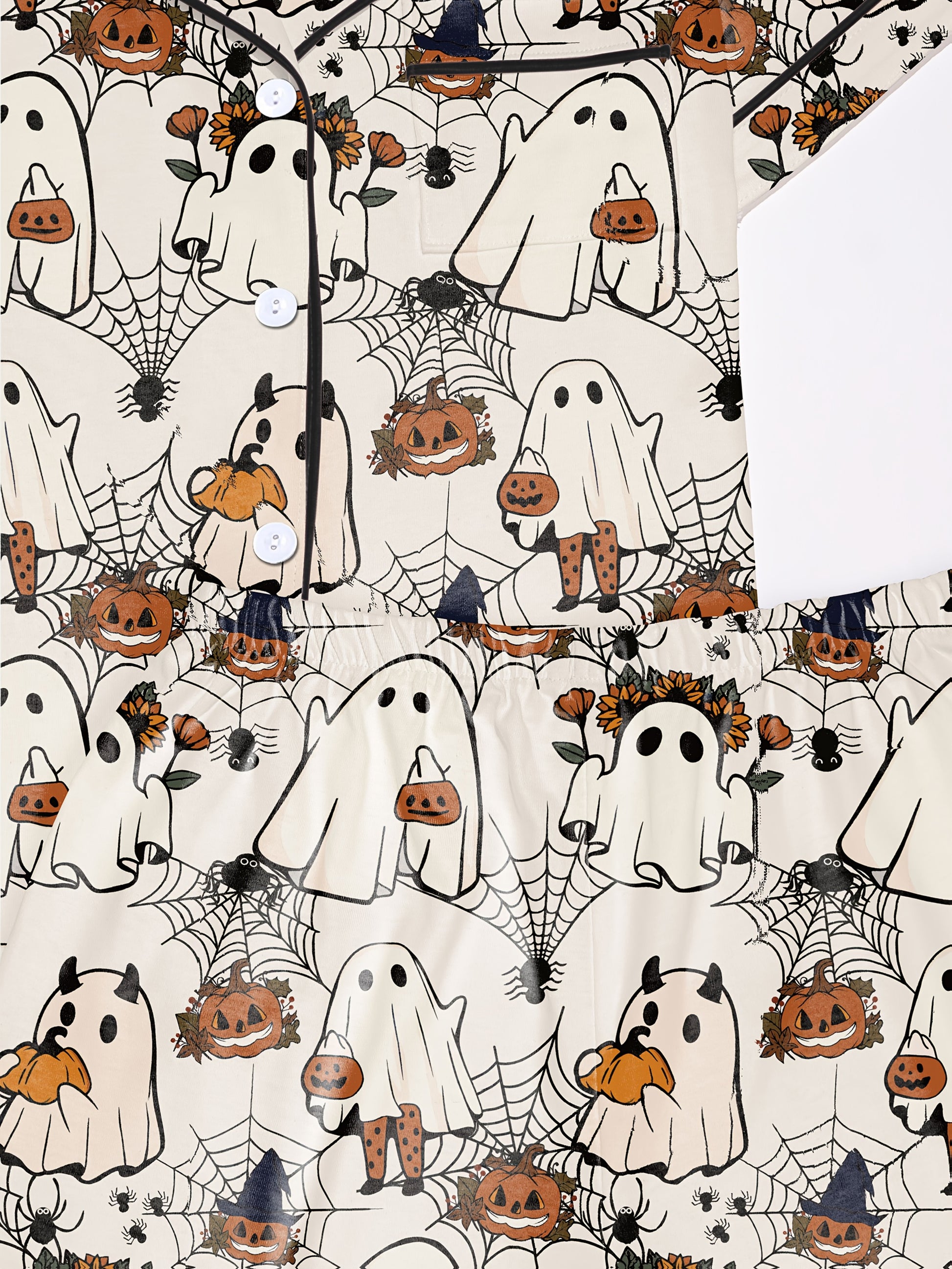 Light blush modal short‑sleeve pajama set with playful ghost, pumpkin and spiderweb print — button top and elastic waist shorts with black piping