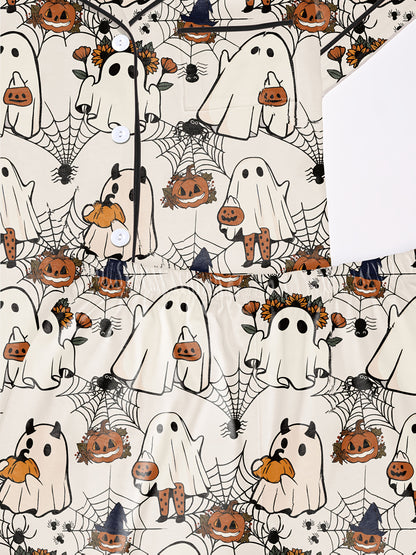 Light blush modal short‑sleeve pajama set with playful ghost, pumpkin and spiderweb print — button top and elastic waist shorts with black piping