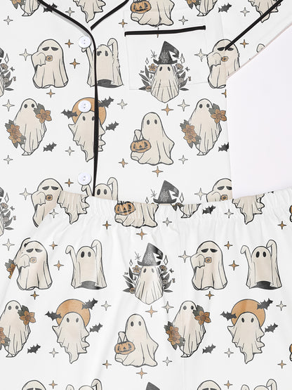Ivory modal pajama set with ghost and pumpkin print — short sleeve button top and elastic waist shorts with black piping