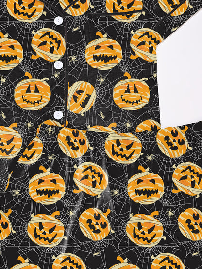 Black modal pajama set with orange jack‑o’‑lantern and spiderweb print — short sleeve button top and elastic waist shorts with piping