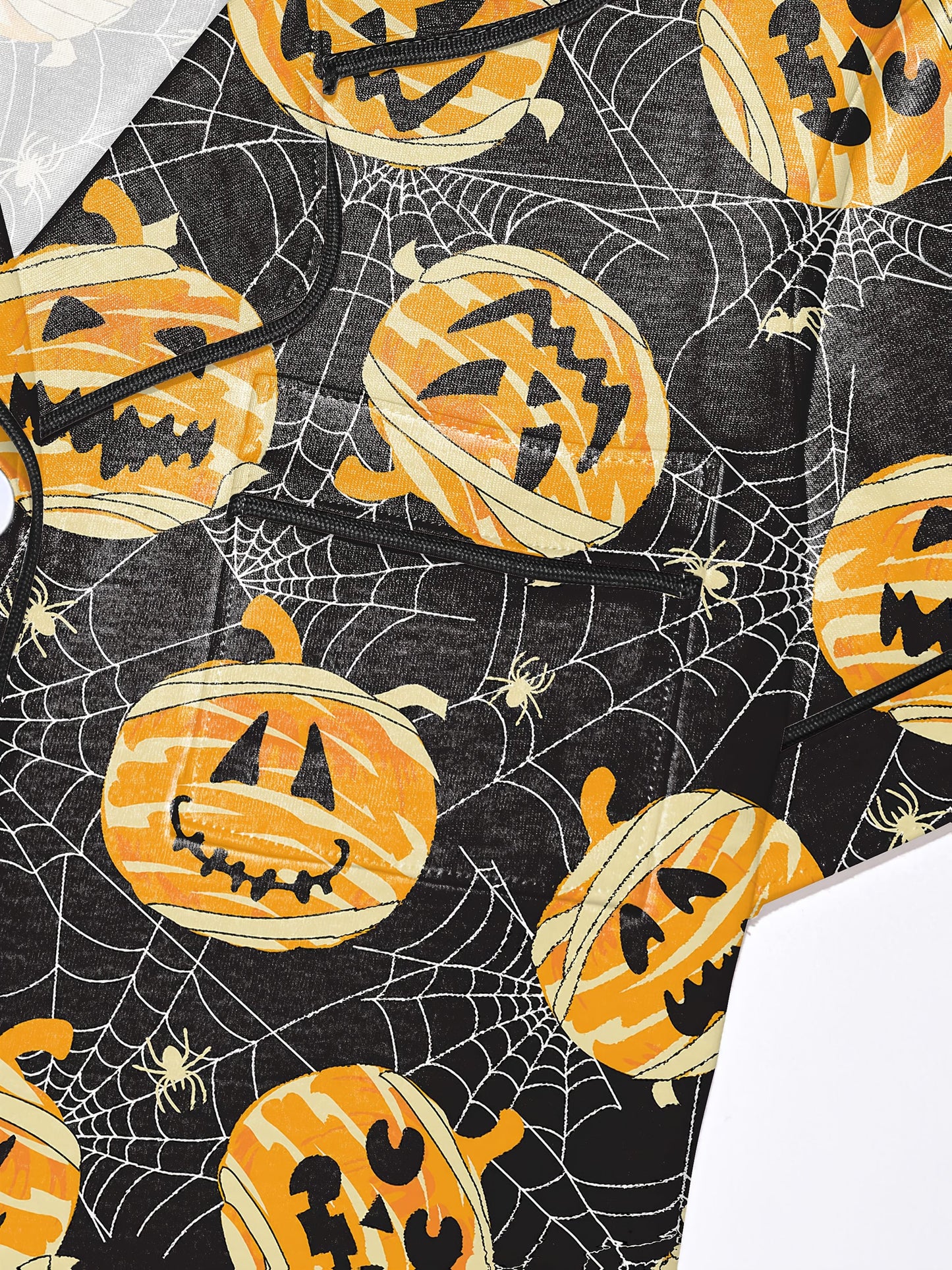 Black modal pajama set with orange jack‑o’‑lantern and spiderweb print — short sleeve button top and elastic waist shorts with piping