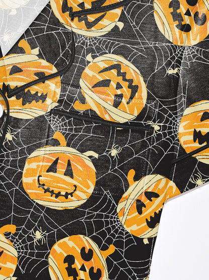 Black modal pajama set with orange jack‑o’‑lantern and spiderweb print — short sleeve button top and elastic waist shorts with piping