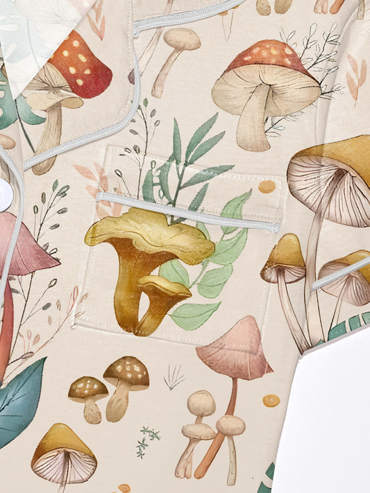 Cream mushroom watercolor print modal pajama set — short‑sleeve button top and elastic waist shorts with piping