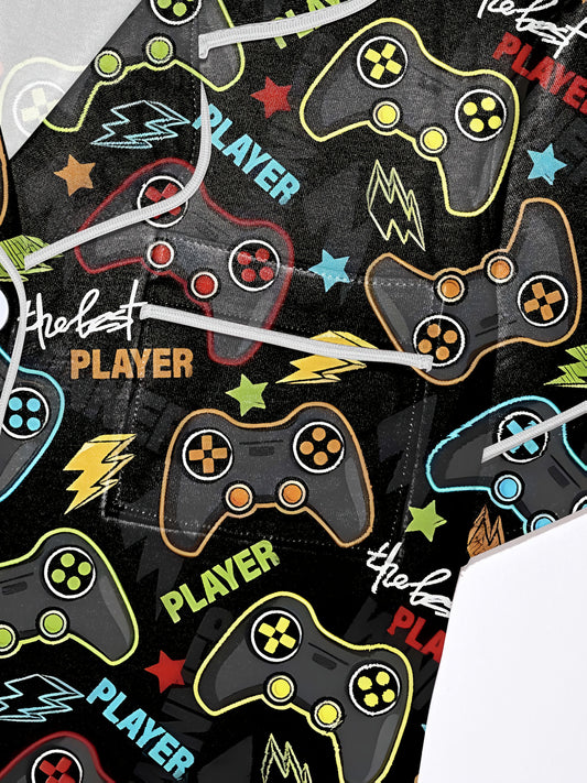 Satin‑look pajama set with neon game controllers, lightning bolts and “PLAYER” text on a black background — short‑sleeve button‑up top with chest pocket and elastic waist shorts