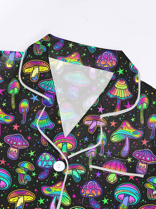 Black modal short‑sleeve pajama set with neon mushroom and star print — button top and elastic waist shorts with contrast piping