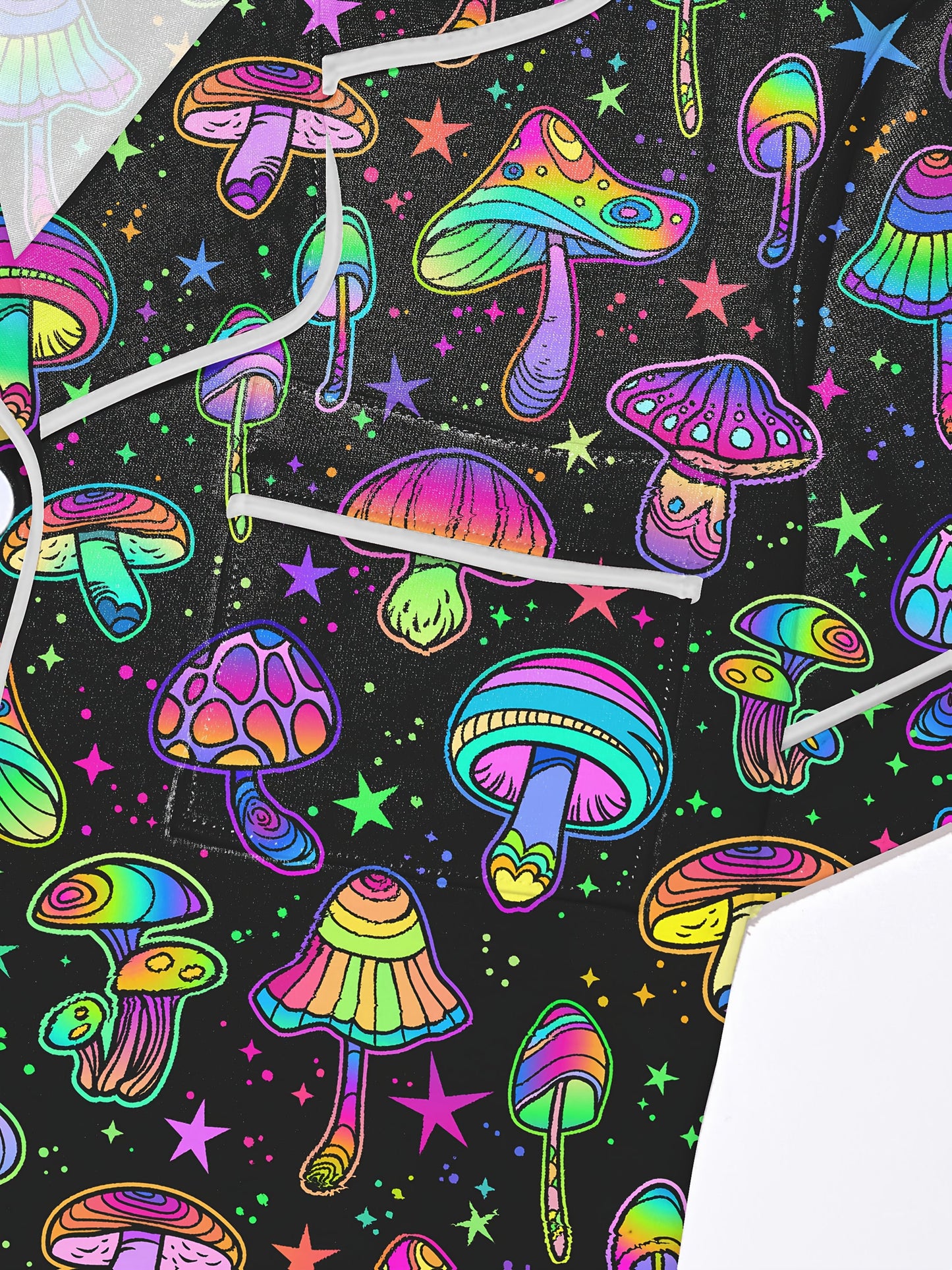 Black modal short‑sleeve pajama set with neon mushroom and star print — button top and elastic waist shorts with contrast piping