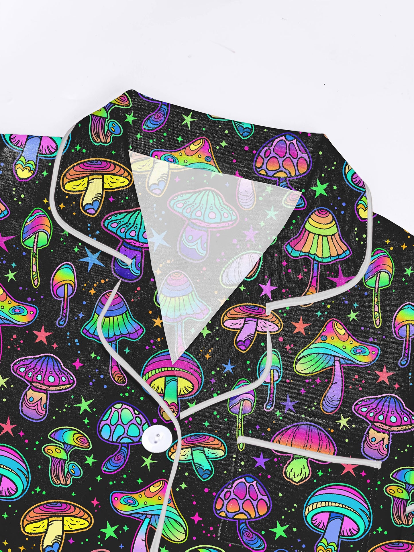 Black modal short‑sleeve pajama set with neon mushroom and star print — button top and elastic waist shorts with contrast piping